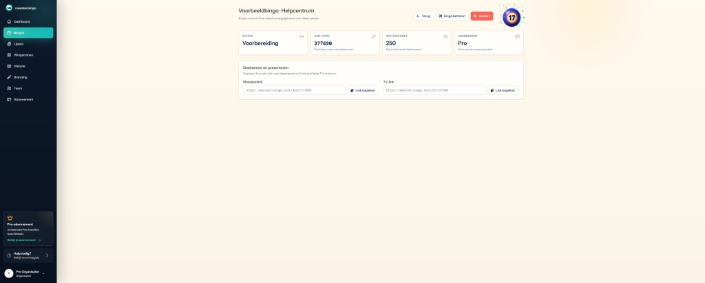Bingo-overzicht met de joincode, spelerslimiet en links voor deelnemers en televisie.