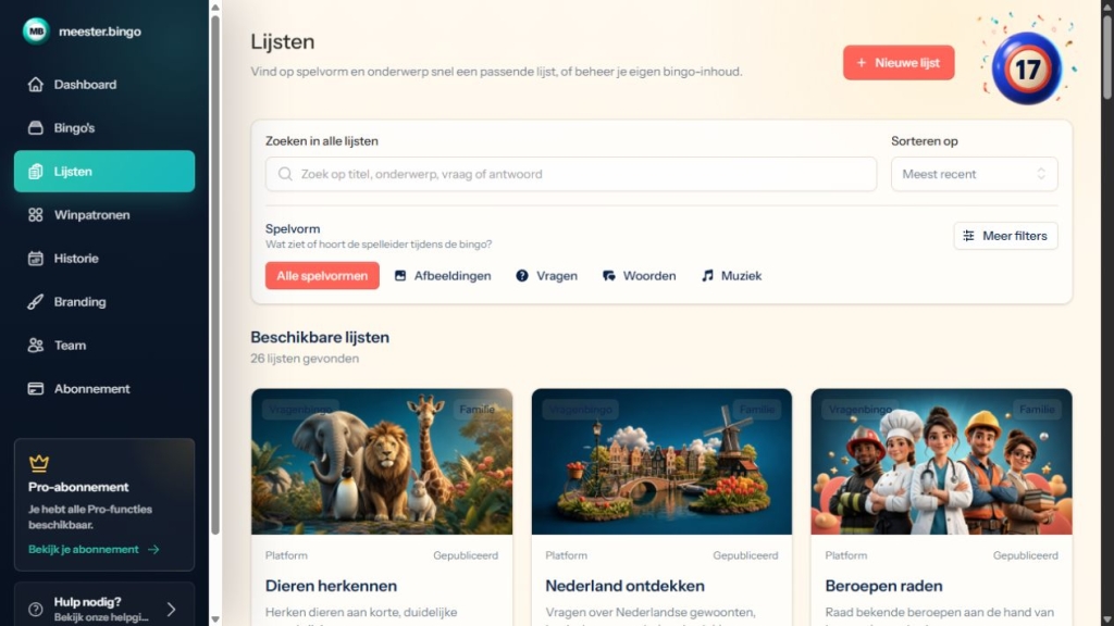 Het overzicht Lijsten met beschikbare bingolijsten en filters.
