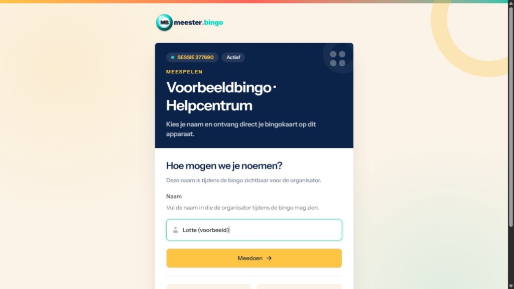 Deelnemen: kies een naam en klik op Meedoen om je bingokaart te openen.