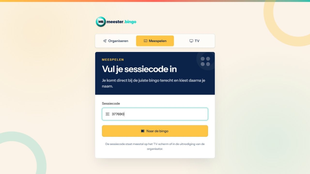 Meespelen: het invoerveld voor de zescijferige sessiecode en de knop Naar de bingo.